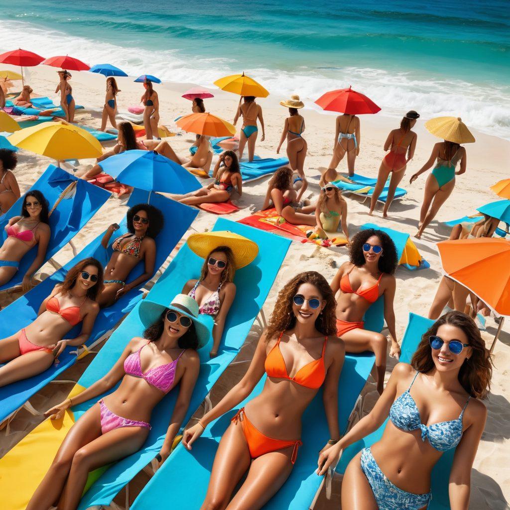 A vibrant beach scene showcasing diverse women wearing the latest 2023 bikini trends, surrounded by colorful beach umbrellas and sun loungers. Include accessories like sunglasses, beach hats, and tropical drinks, all set against a vivid blue ocean and sunny sky. The women should exhibit confidence and joy, representing different body types and styles. This image should evoke a sense of fun and summer festivities. super-realistic. vibrant colors. beach setting.